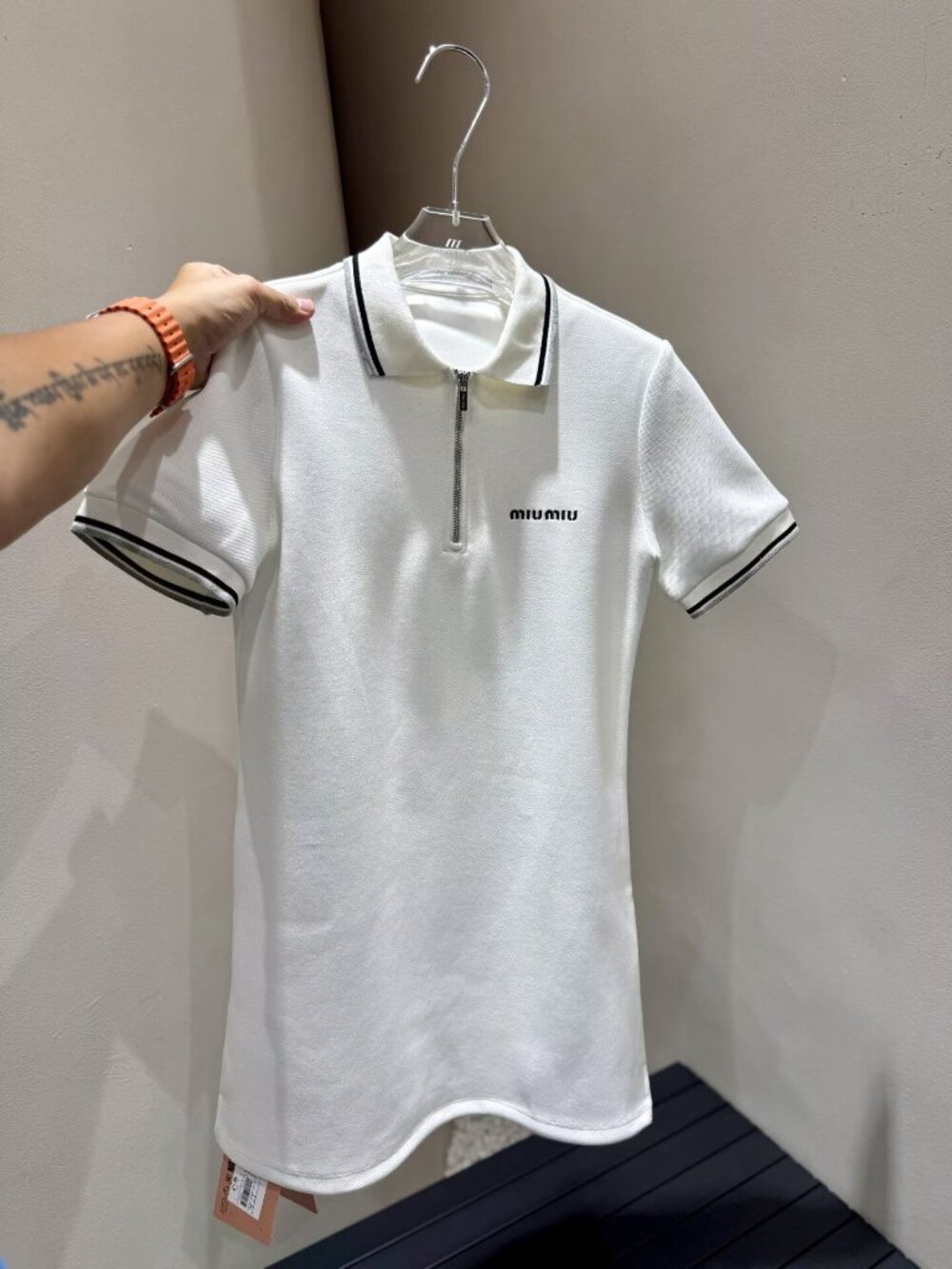 Miu Miu White Polo Zip Crop Top with Black Trim
